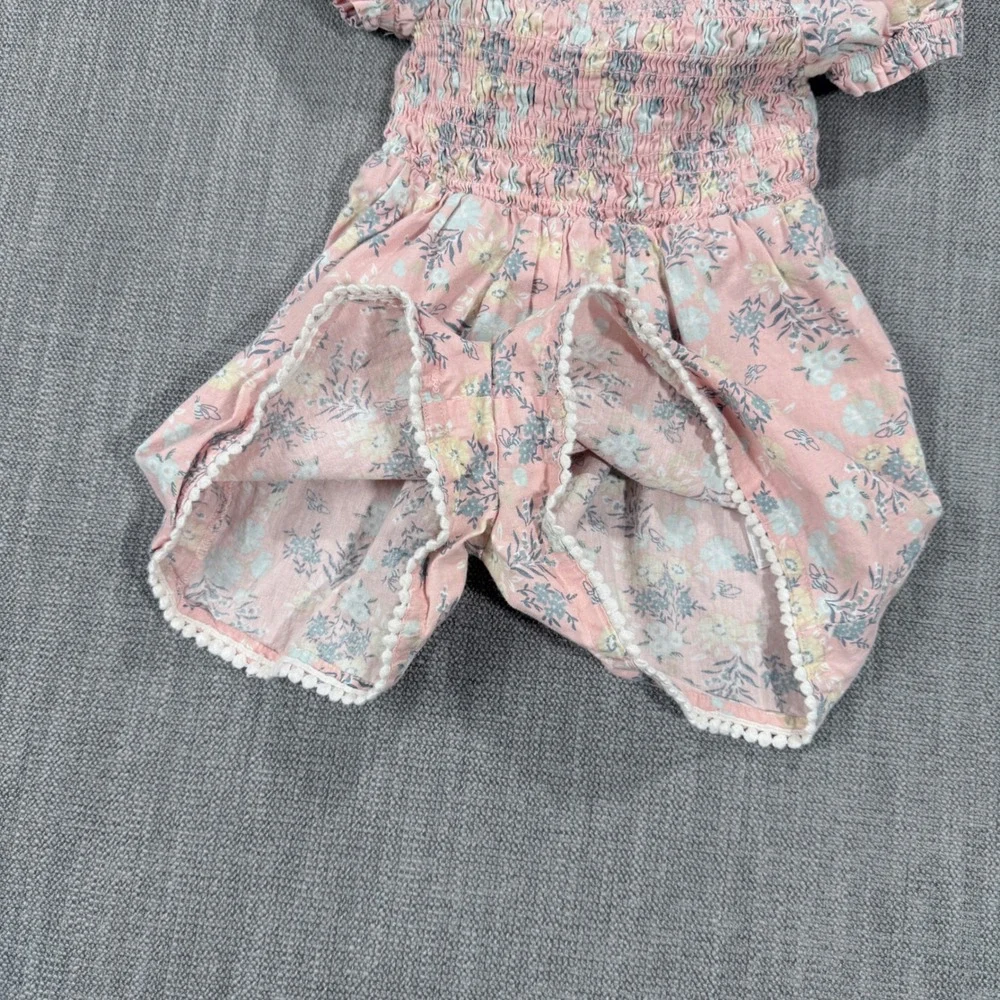 Joie Kids Pink Floral Smocked Romper Pom Pom Trim Size 3T Summer‎ Boho
